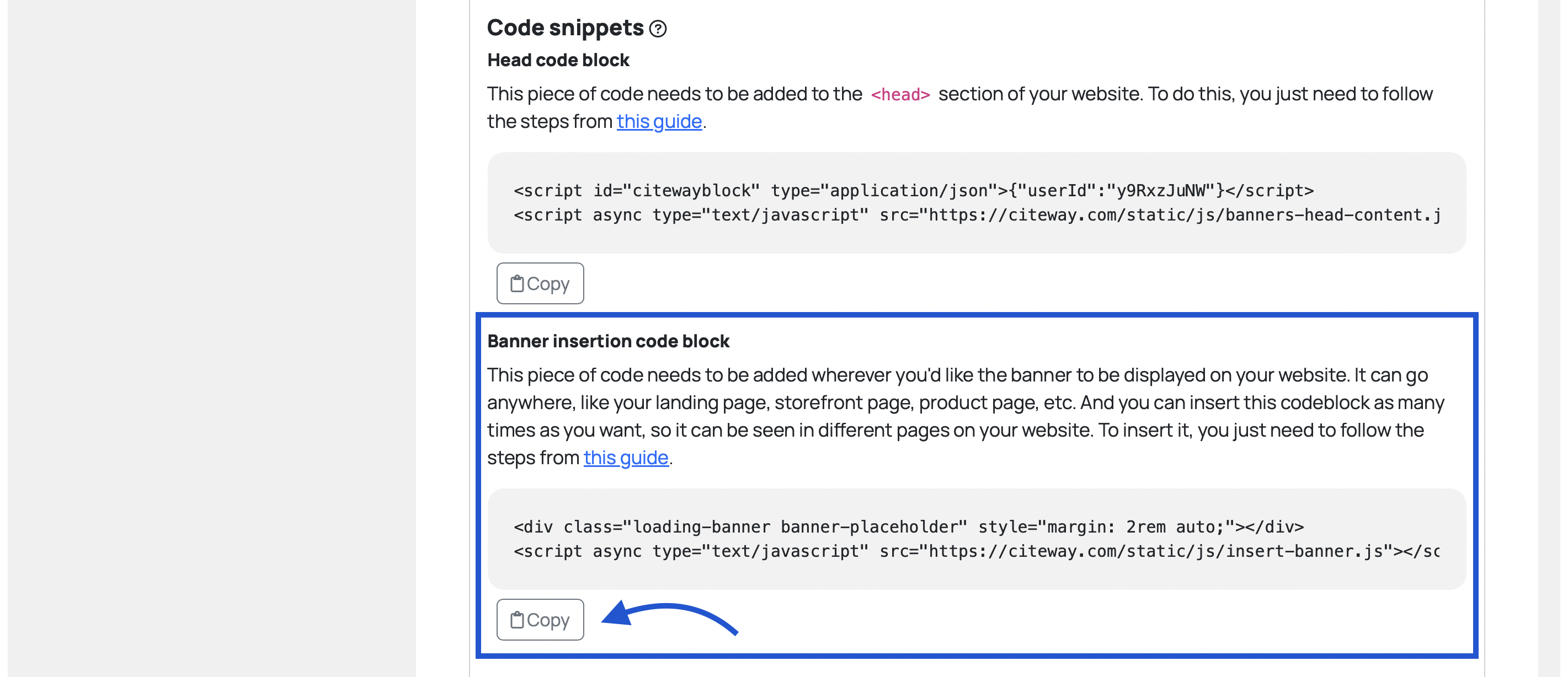 Copying the banner insertion code block