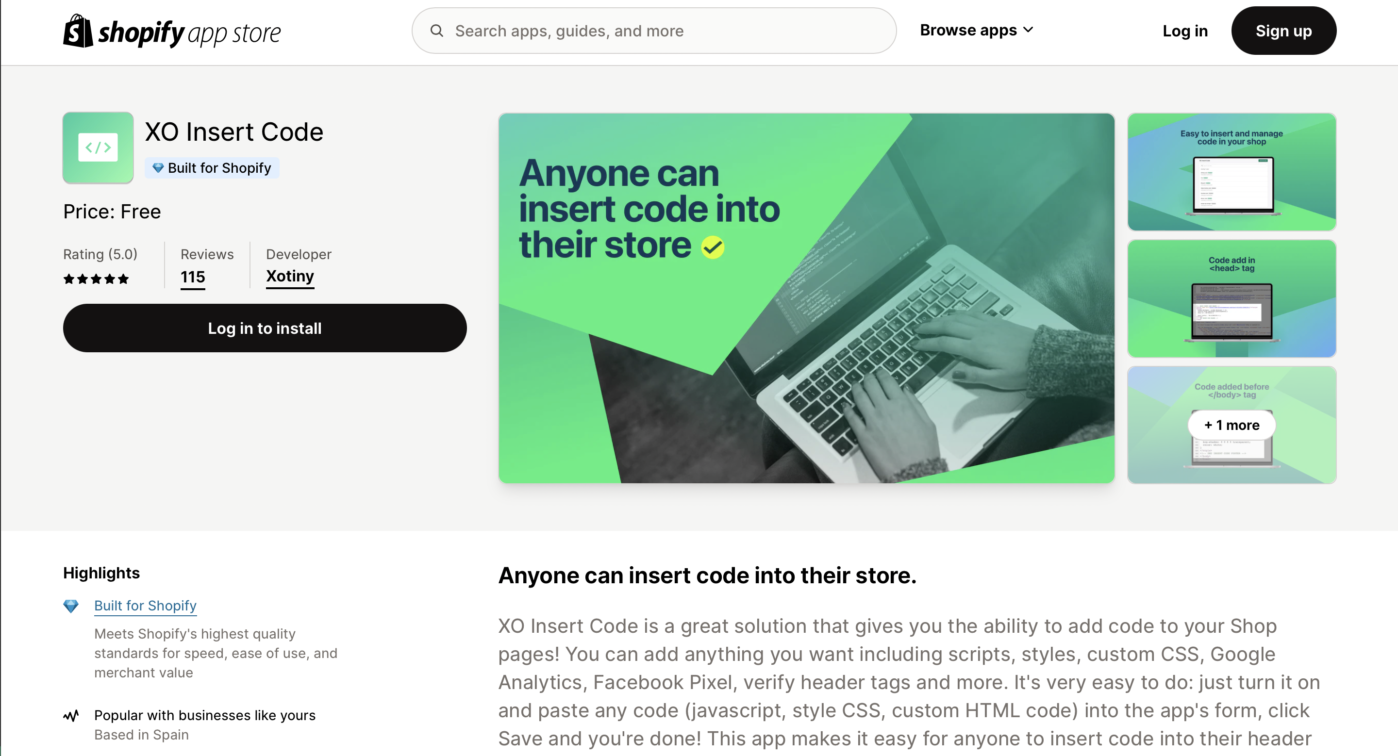 Shopify app store shows XO Insert
      Code app