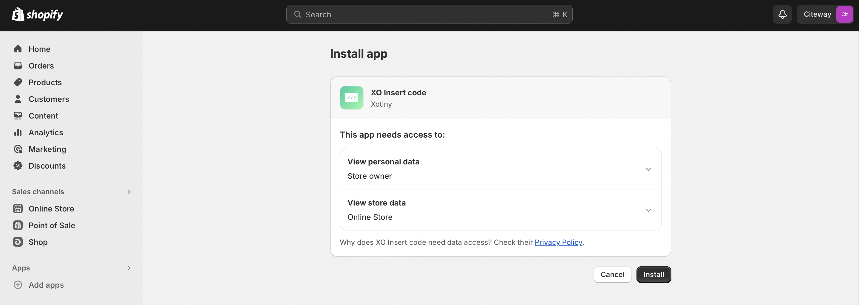 Shopify admin page shows the
      installed app